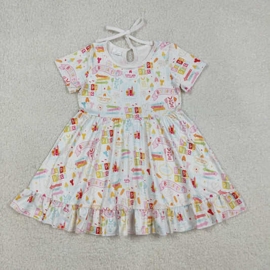 RTS NO MOQ(In Stock) GSD2873 Best Day Ever Letter Castle White Short-Sleeve Dress