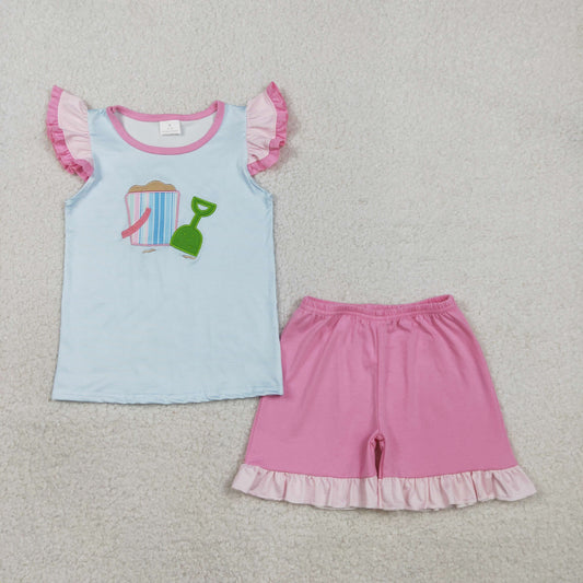 GSSO2991 Kids Baby Girl Embroidery Beach Flutter Sleeve Top Ruffle Shorts Clothes Sets