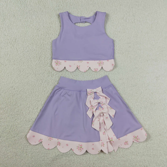GSD3323 Kids Baby Girls Lavender Sleeveless Vest Bows Skirt Shorts Yoga Active Scallop Clothes Sets