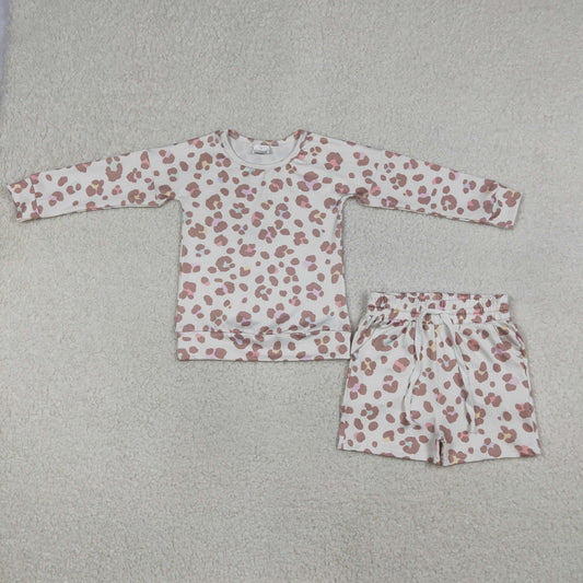 GLS0093 Kids Baby Girls Pink Leopard Long Sleeve Top Pockets Shorts Clothes Sets