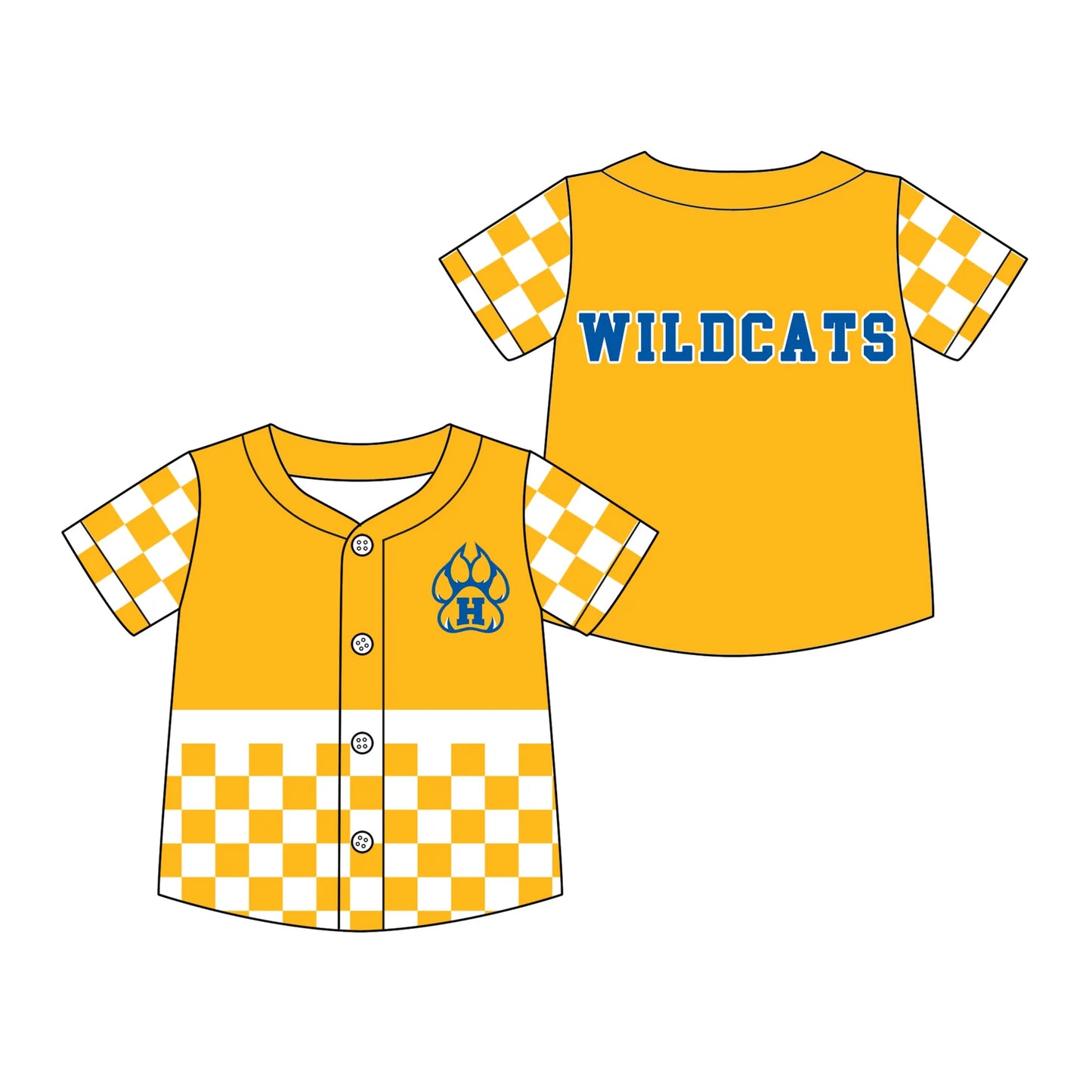 Custom Order Baby Boys Yellow Checked H Bobcats Wildcats Team Button T-shirts Top