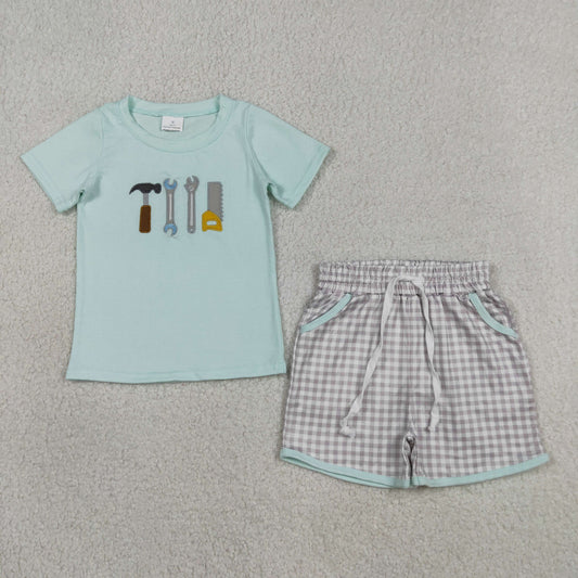 BSSO1666 Kids Embroidery Tools Baby Boys Top Checked Pockets Shorts Clothes Sets