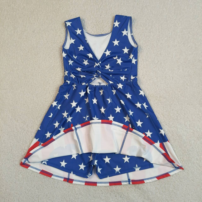 GSD3813 Kids Baby Girls Stars Stripe Yoga Active Short 4th of July Knee Length Dress