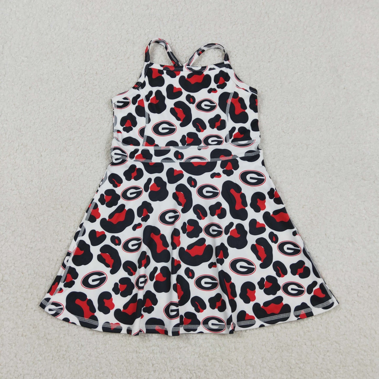GSD3632 Kids Baby Girl Strap Black Red Leopard G Team Yoga Active Shorts Knee Length Dress