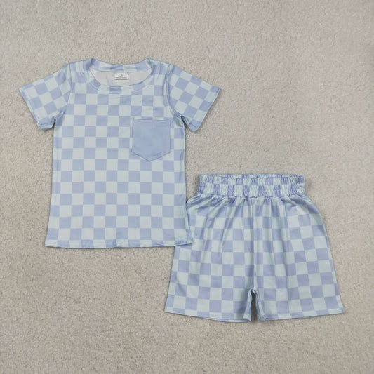 BSSO1753 Kids Baby Boy Blue Checked Pocket Top Shorts Pajamas Clothes Sets