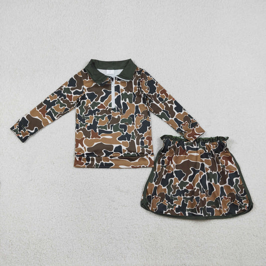 RTS NO MOQ（In Stock) GLD1547 Brown-green camouflage beige zip-up long-sleeved skirt set.