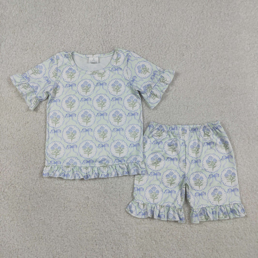 GSSO3323 Kids Baby Girls Blue Bows Flowers Top Ruffle Shorts Pajamas Clothes Sets
