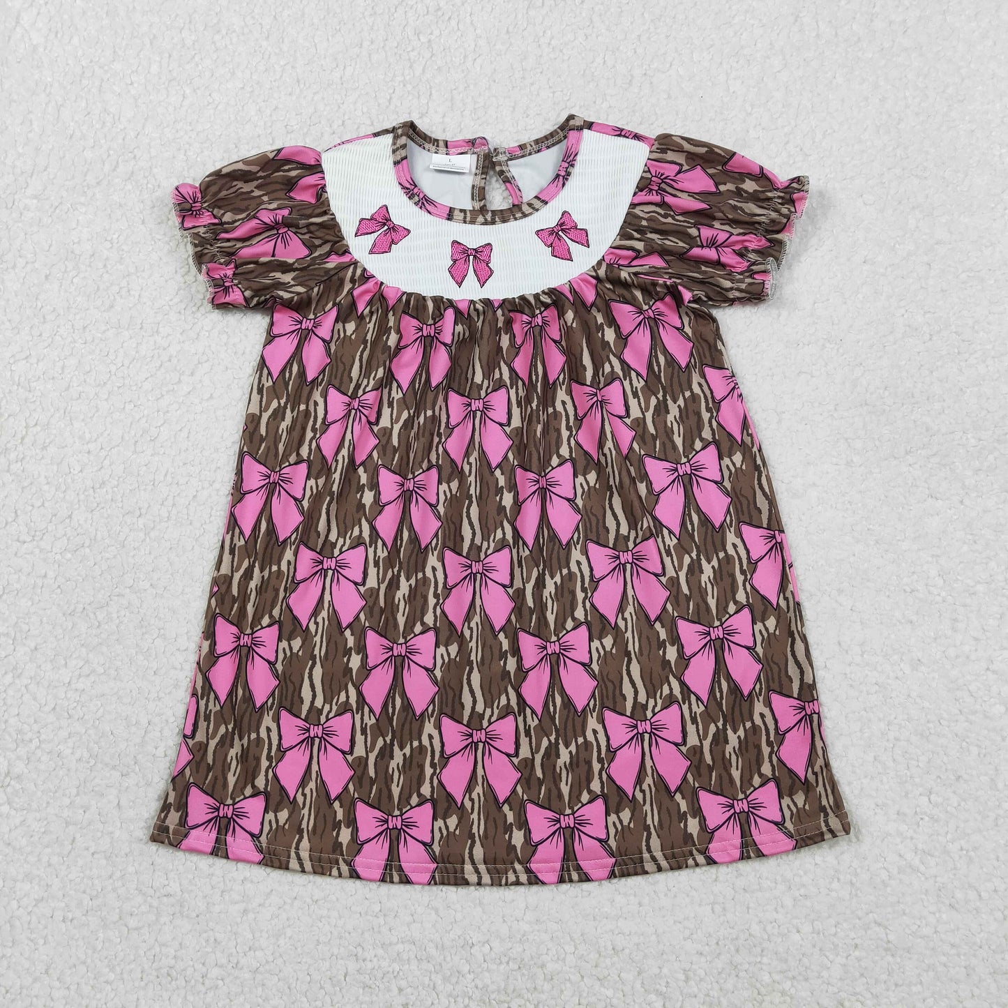 RTS NO MOQ（In Stock) GSD3446 Embroidered smocked Rose Red Bow Pattern Military Green Camouflage Short-Sleeve Dress