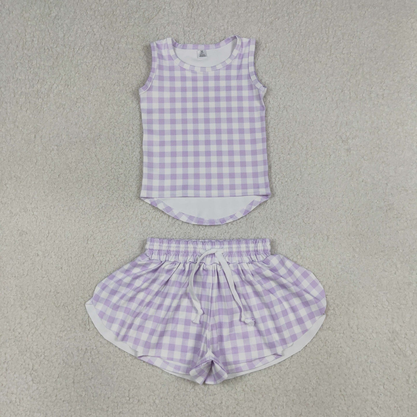 GSSO3477 Kids Baby Girls Lavender Checked Vests Top Butterfly Short Yoga Active Clothes Set