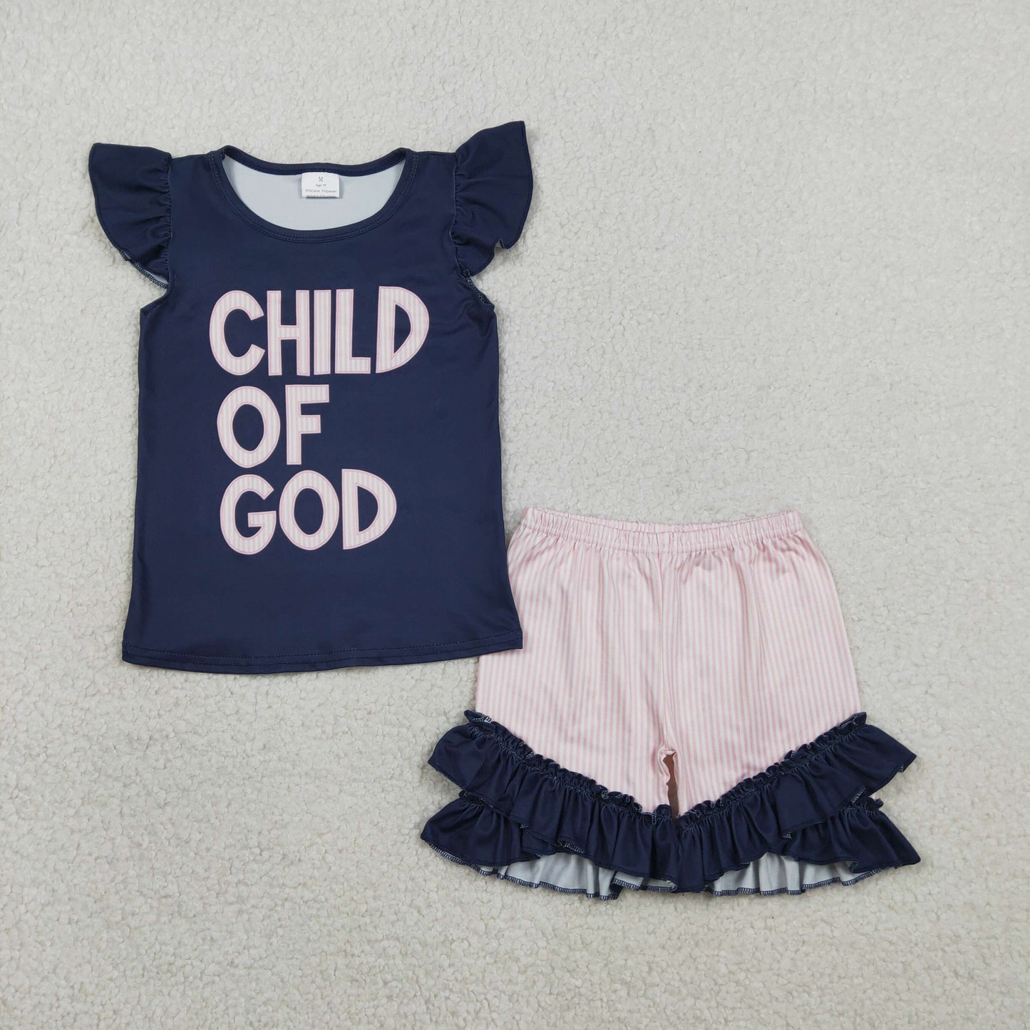 GSSO2933 Kids Baby Girl Flutter Sleeve Child of God Top Ruffle Shorts Clothes Sets