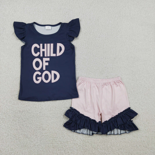 GSSO2933 Kids Baby Girl Flutter Sleeve Child of God Top Ruffle Shorts Clothes Sets