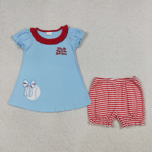 GSSO3245 Kids Embroidery Baseballs Bows Baby Girls Tunic Stripe Ruffle Shorts Team Clothes Sets