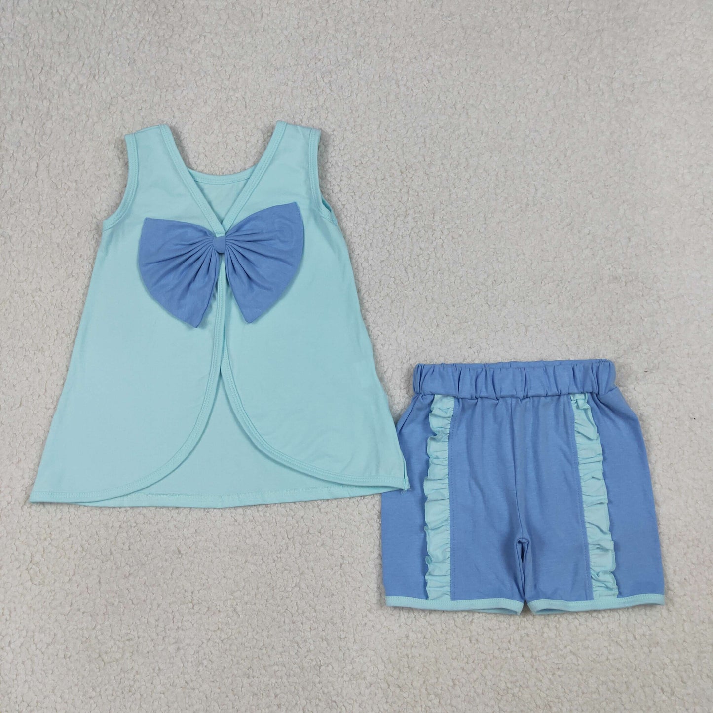 GSSO3463 Kids Baby Girls Blue Sleeveless Back Bows Tunic Ruffle Shorts Clothes Sets