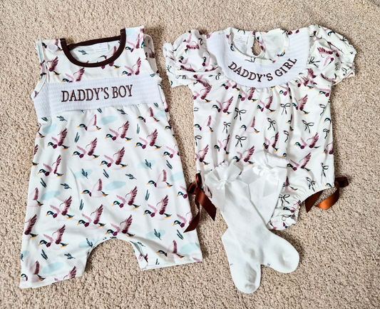 Sibling Baby boy girls clothes embroidery DADDY BOYS smocked duck short sleeve Rompers