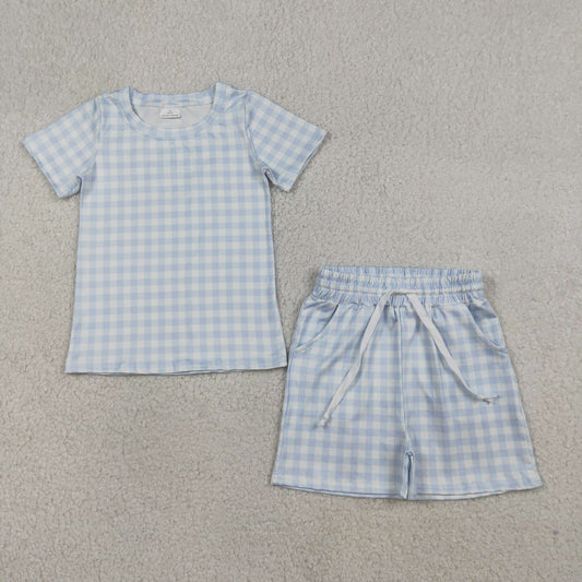 BSSO1896 Kids Baby Boy Light Blue Checked Top Pockets Shorts Clothes Sets