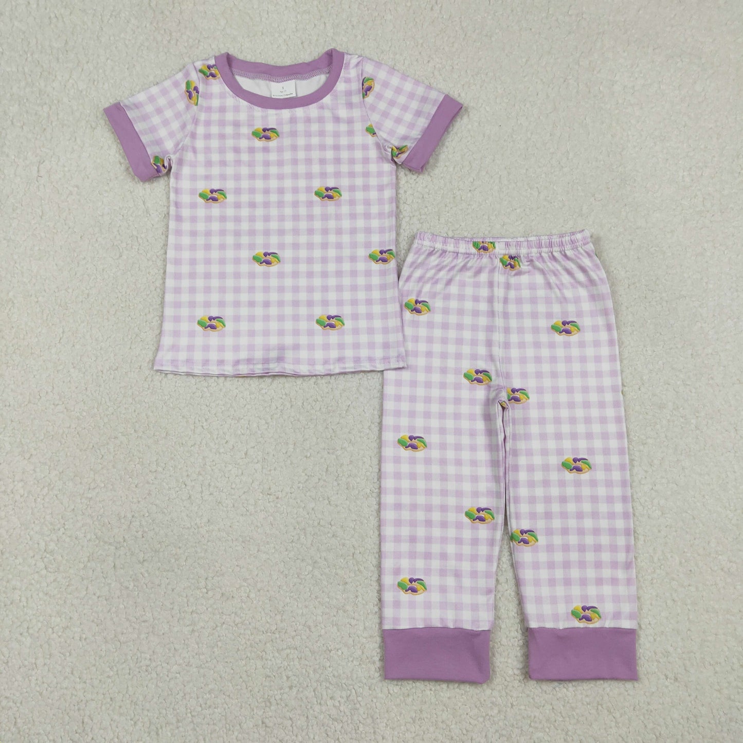 RTS NO MOQ（In Stock) Embroidered Carnival Donut Purple Plaid Short-Sleeve Pants Pajama Set