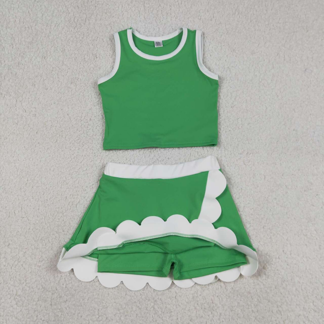 GSD4025 Kids Baby Girls Sleeveless Green Vest Scallop Skirt Short Yoga Active Clothes Set