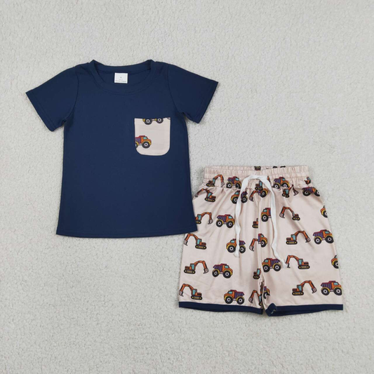 BSSO1364 Kids Baby Boys Navy Shirts Pocket Top Excavators Shorts Clothes Sets
