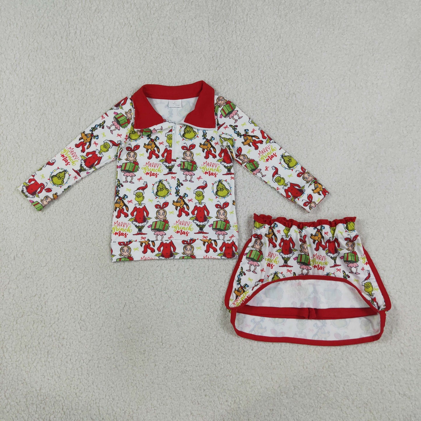 GLD1608 Kids Clothing Baby Girls Green Face Frogs Gifts Zip Top Skirt Short Christmas Clothes Sets