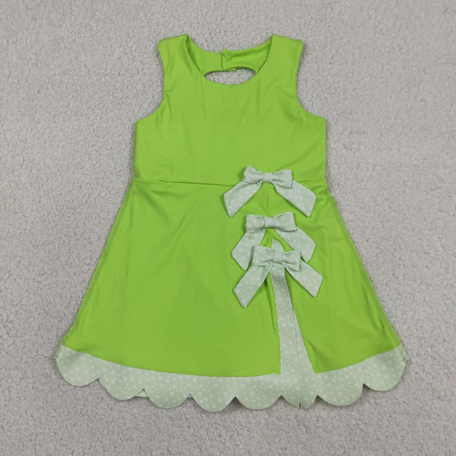 GSD3316 Kids Baby Girls Light Green Sleeveless Yoga Active Shorts Bows Scallop Knee Length Dresses