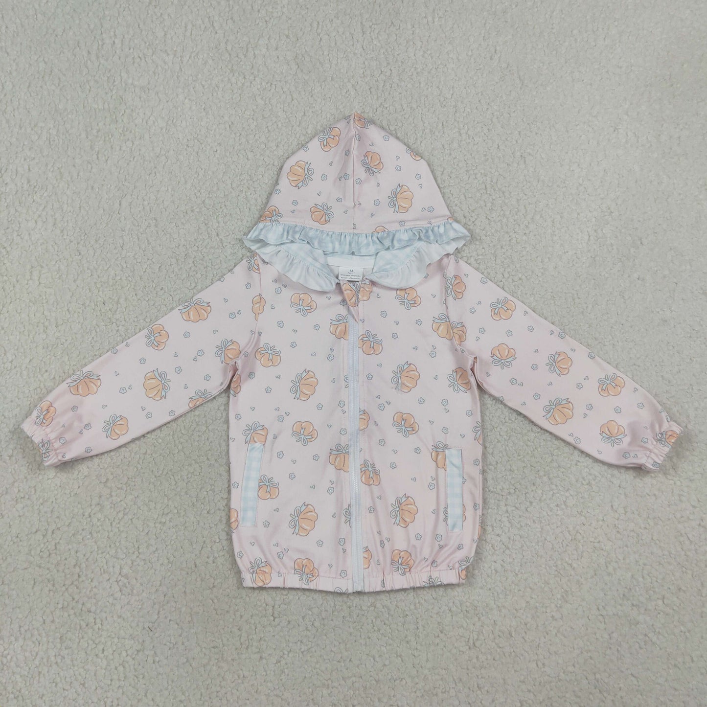 GT1660 Kids Clothing Baby Girls Long Sleeve Flowers Pumpkins Fall Zip Pockets Ruffle Hoodies Jackets Top
