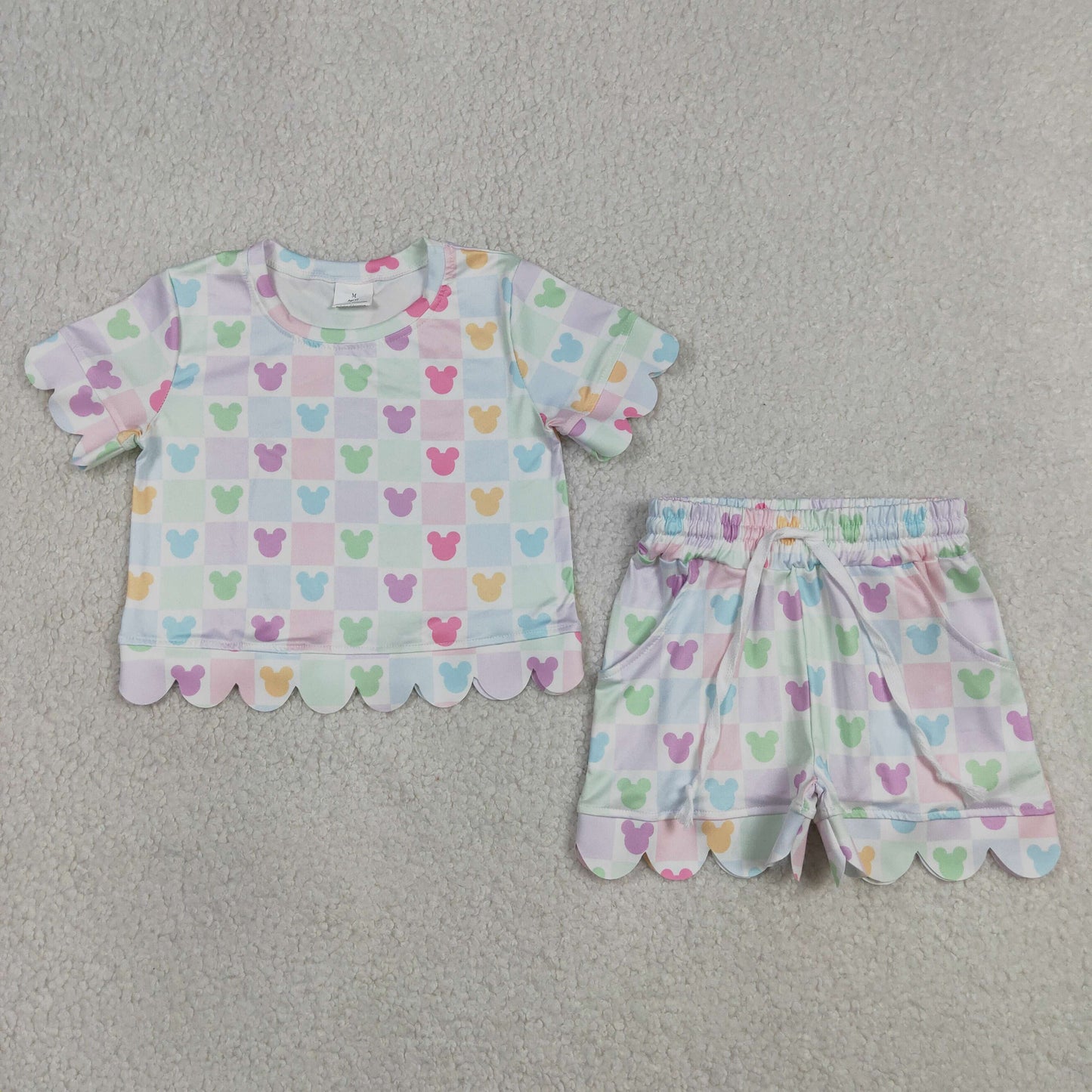 GSSO3496 Kids Baby Girls Cartoon Mouses Checked Top Short Scallop Clothes Sets
