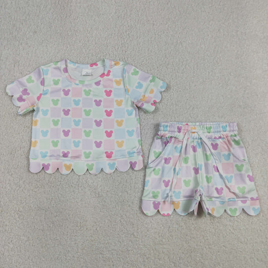 GSSO3496 Kids Baby Girls Cartoon Mouses Checked Top Short Scallop Clothes Sets