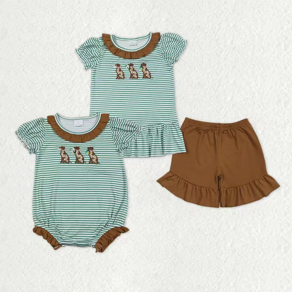 Sibling Baby girl clothes Embroidery duck camouflage short sleeve shorts sets and Rompers