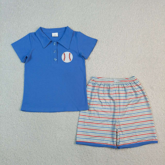 BSSO1877 Kids Embroidery Baseballs Baby Boys Blue Button Polo Top Stripe Shorts Team Clothes Sets
