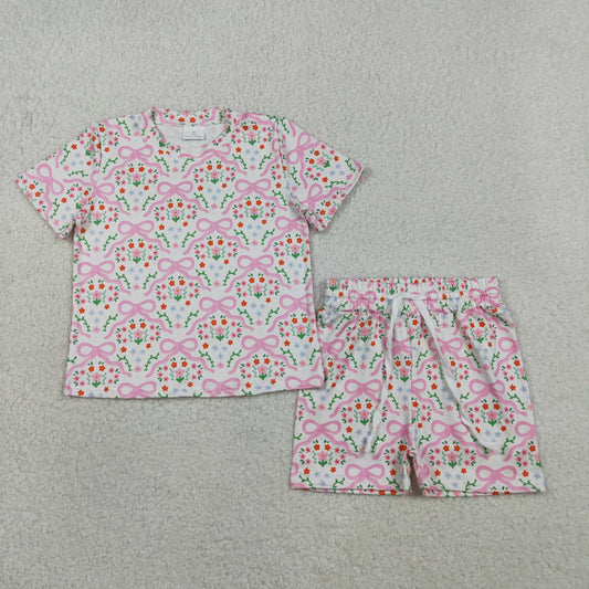 GSSO3379 Kids Baby Girls Short Sleeve Bows Flowers Checked Top Shorts Slouchy Set