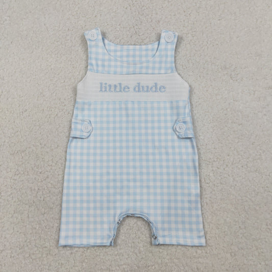 RTS NO MOQ（In Stock) SR3482 Embroidered Little Dude Blue Plaid Sleeveless Jumpsuit