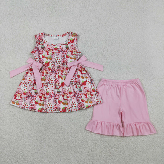 GSSO3104 Kids Baby Girls Sleeveless Pink Checked Strawberry Tunic Tops Ruffle Shorts Clothes Sets