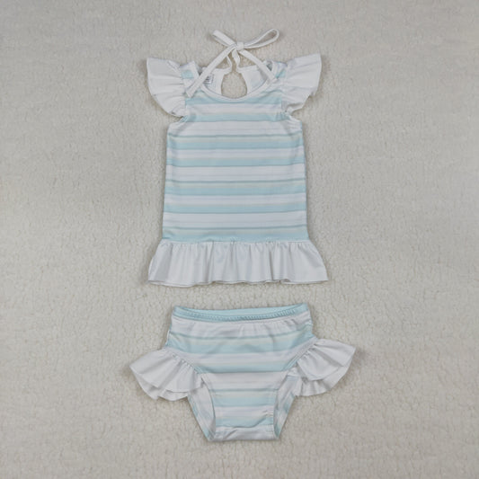 S0652 Kids Baby Girls Light Blue Stripe Ruffle Top Bummies 2 Pieces Swimsuits
