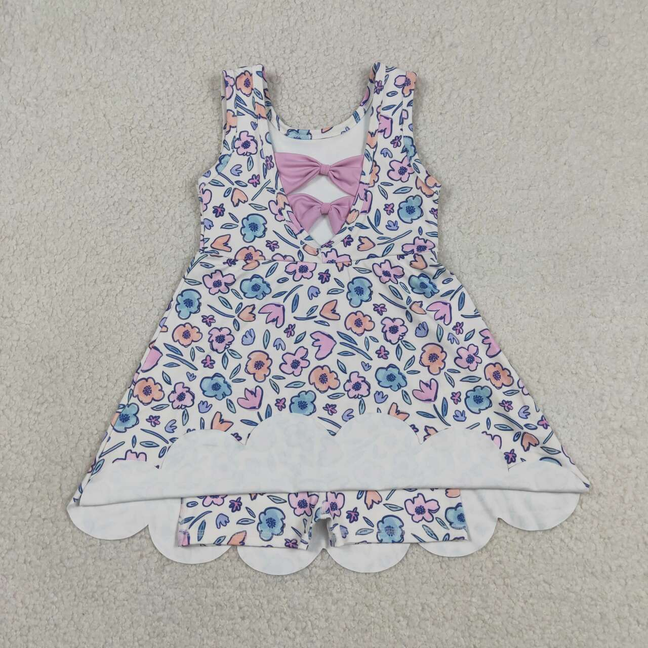 GSD3808 Kids Baby Girls Colorful Flowers Back Bows Yoga Active Short Scallop Knee Length Dress
