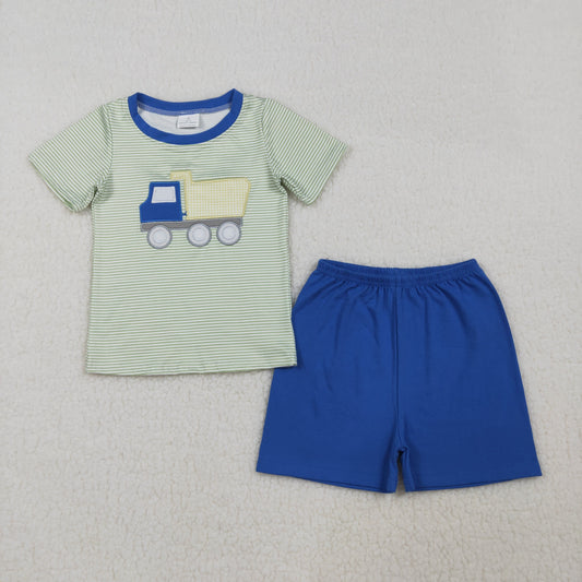 BSSO1833 Kids Embroidery Tractors Baby Boy Short Sleeve Stripe Top Shorts Clothes Sets