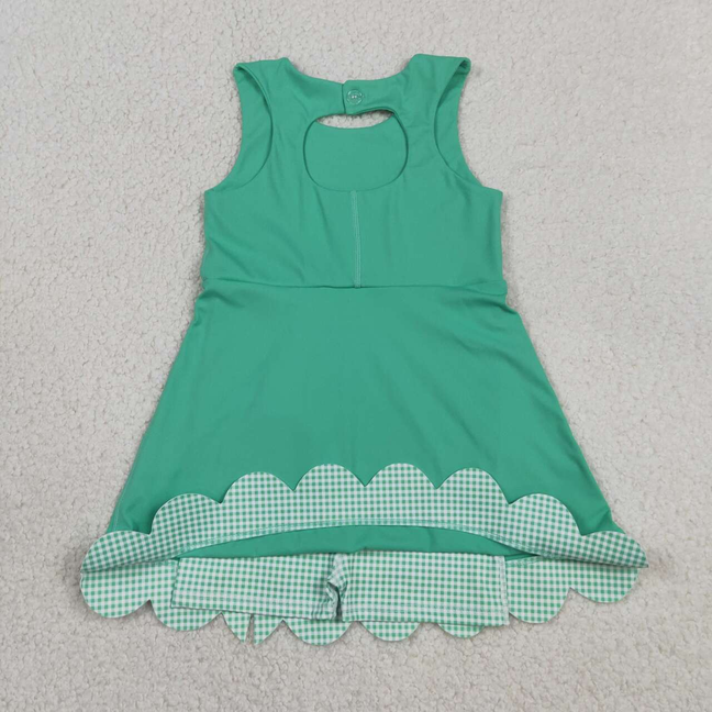 GSD3029 Kids Baby Girls Green Sleeveless Yoga Active Shorts Bows Scallop Knee Length Dresses