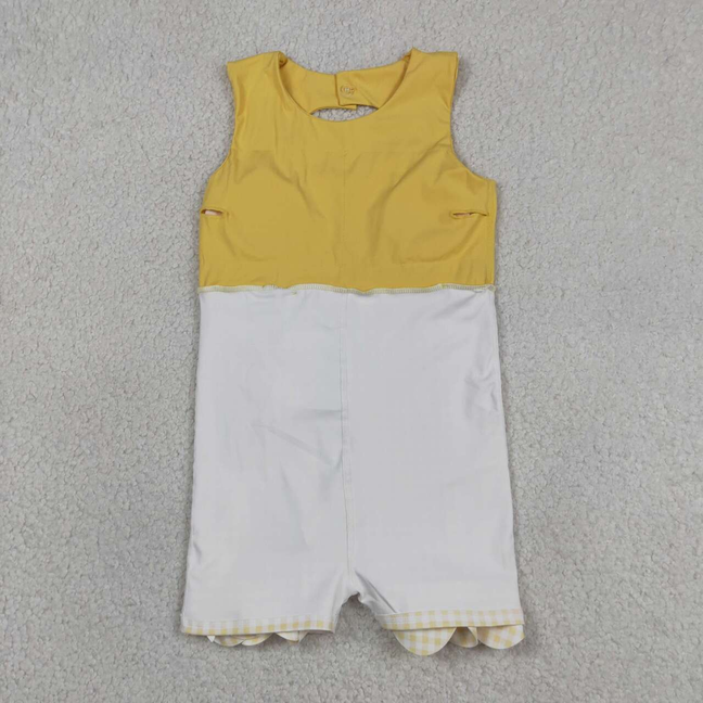 GSD3318 Kids Baby Girls Yellow Sleeveless Yoga Ruffle Shorts Bows Scallop Knee Length Dresses