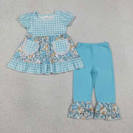 GSPO2282 Kids Baby Girls Blue Checked Flowers Pockets Tunic Ruffle Pant Clothes Sets