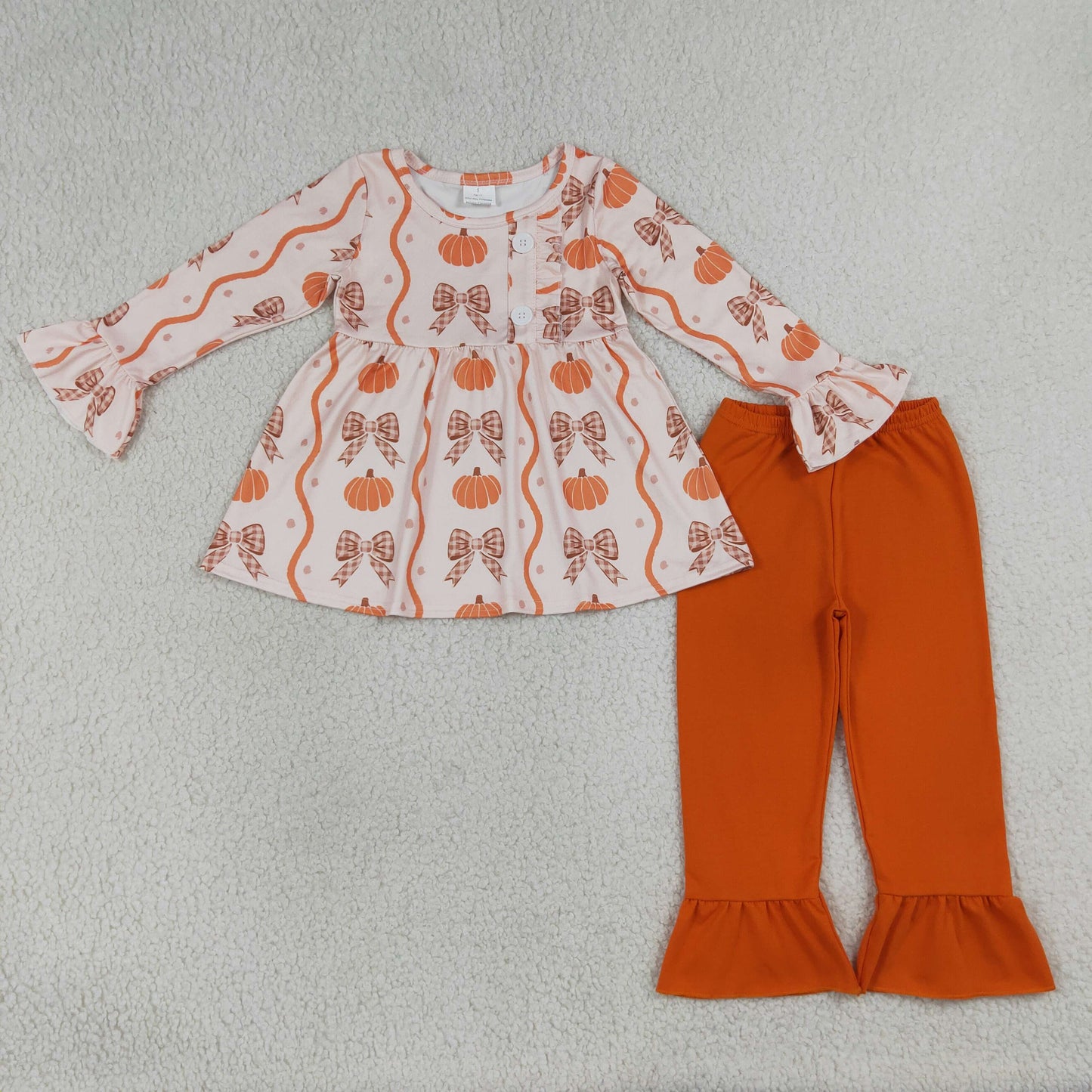 GLP3396 Kids Baby Girls Pumpkins Bows Button Tunic Ruffle Pants Fall Clothes Sets