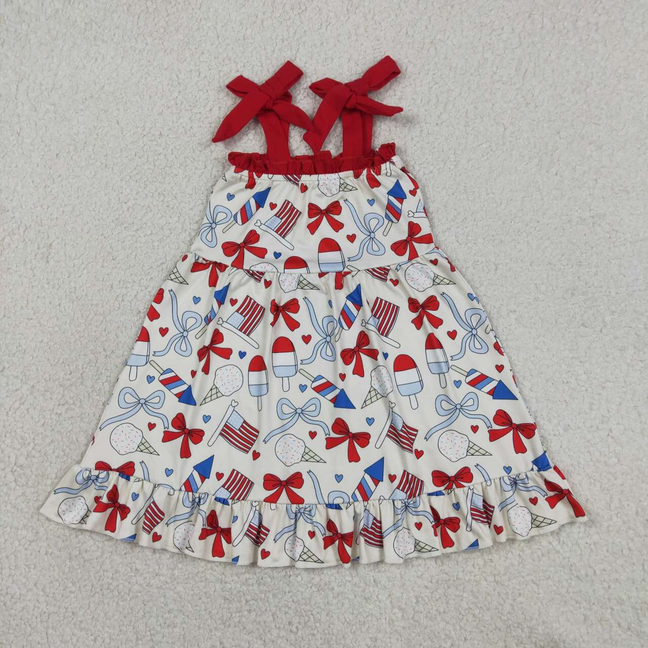 GSD3723 Kids Baby Girls Strap Red Blue Bows Popsicle 4th of July Ruffle Knee Length Dresses