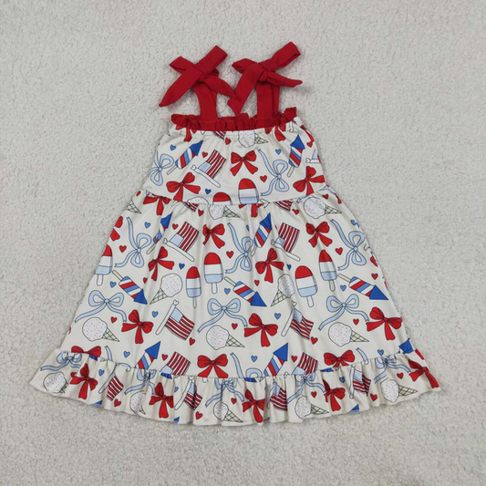 GSD3723 Kids Baby Girls Strap Red Blue Bows Popsicle 4th of July Ruffle Knee Length Dresses