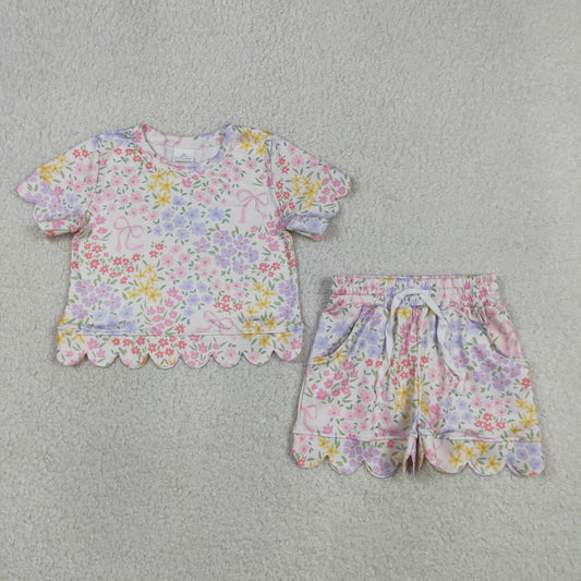 GSSO3270 Kids Baby Girls Colorful Flowers Bows Top Pockets Shorts Scallop Clothes Sets