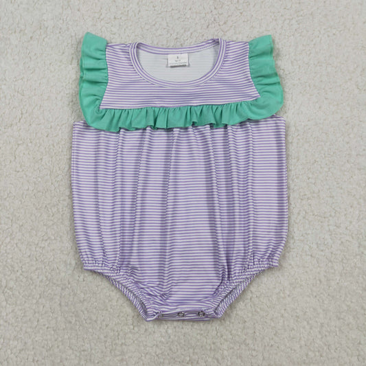 SR3942 Newborn Baby Girls Sleeveless Purple Stripe Ruffle Rompers