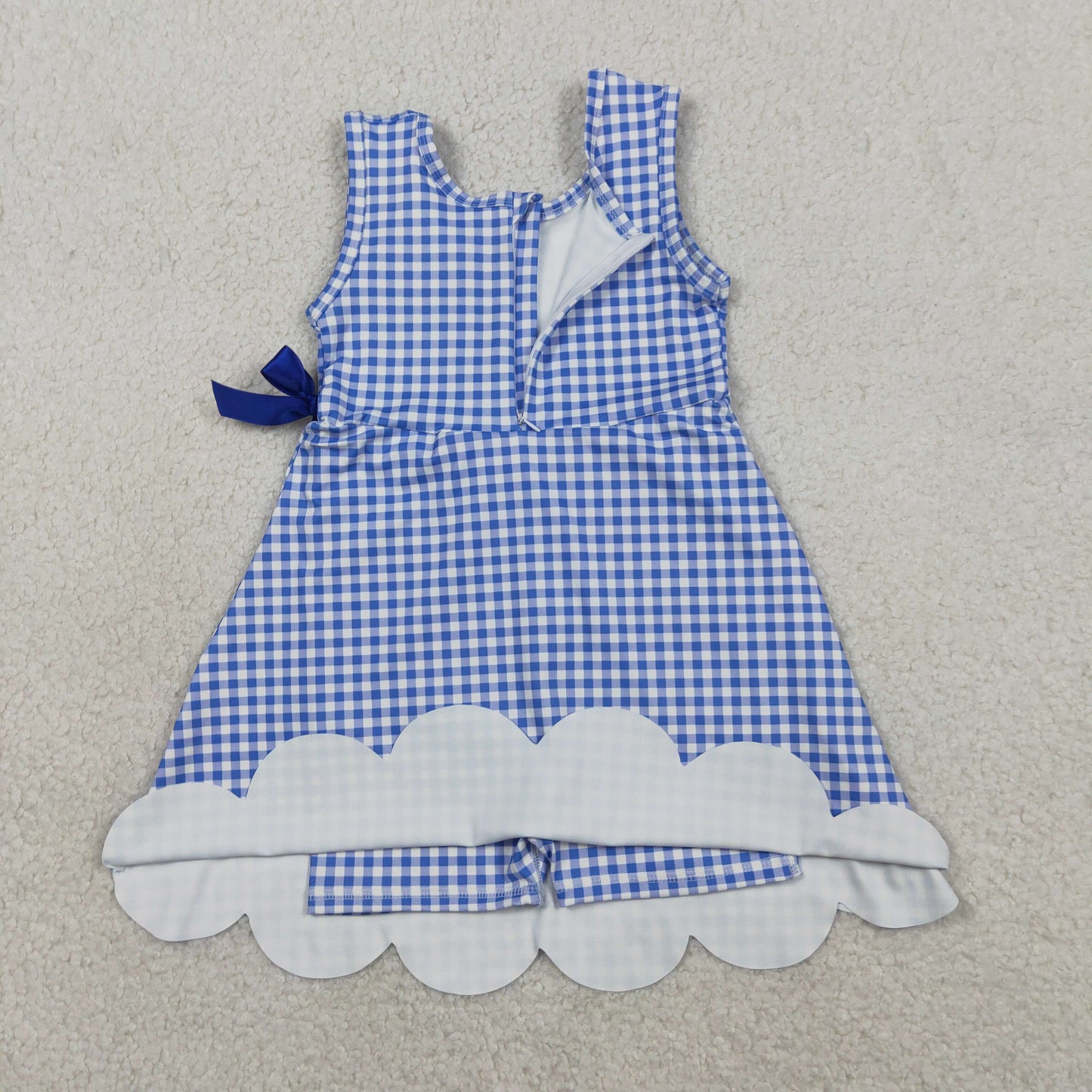 GSD3427 Kids Baby Girls Blue Checked Yoga Active Scallop Shorts Knee Length Dresses