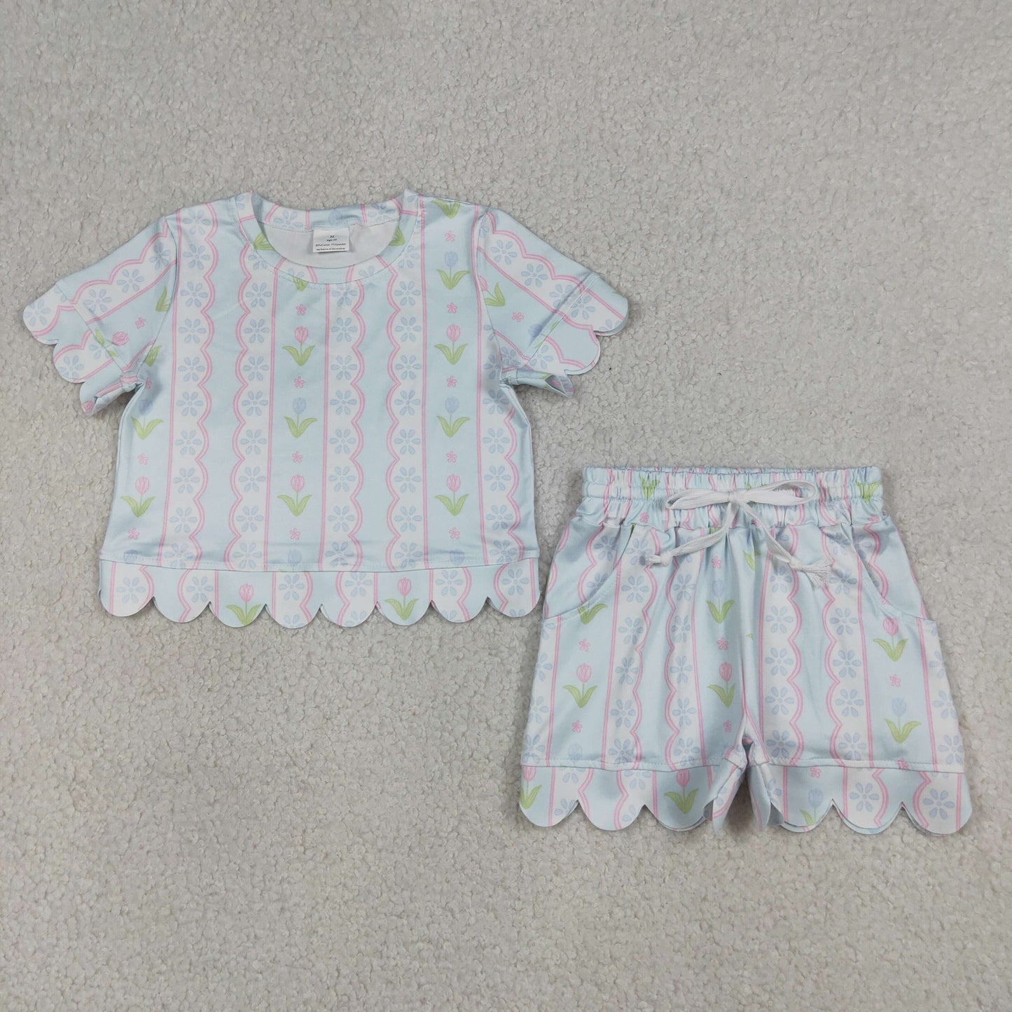 GSSO3412 Kids Baby Girls Flowers Stripe Top Scallop Shorts Clothes Set