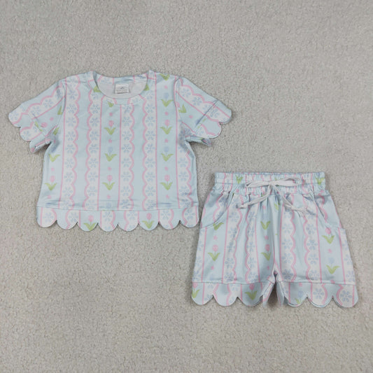 GSSO3412 Kids Baby Girls Flowers Stripe Top Scallop Shorts Clothes Set