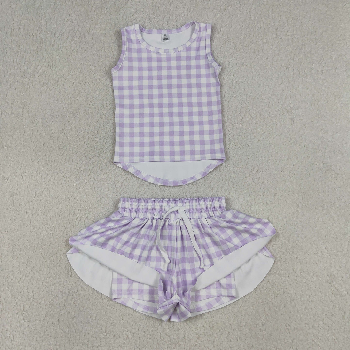 GSSO3477 Kids Baby Girls Lavender Checked Vests Top Butterfly Short Yoga Active Clothes Set