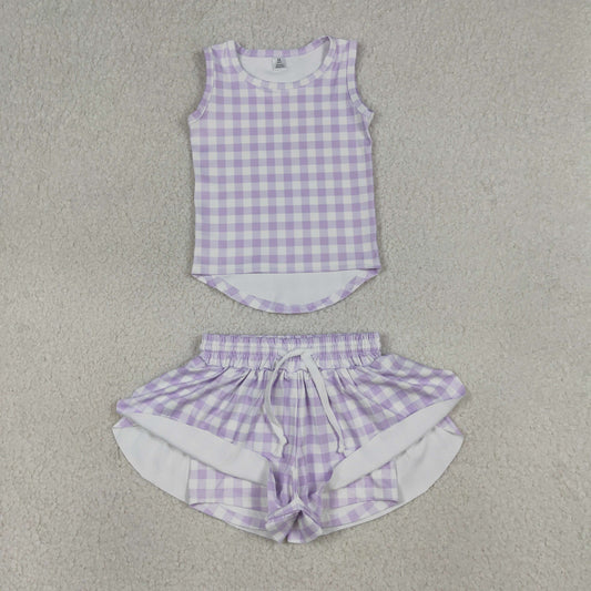 GSSO3477 Kids Baby Girls Lavender Checked Vests Top Butterfly Short Yoga Active Clothes Set