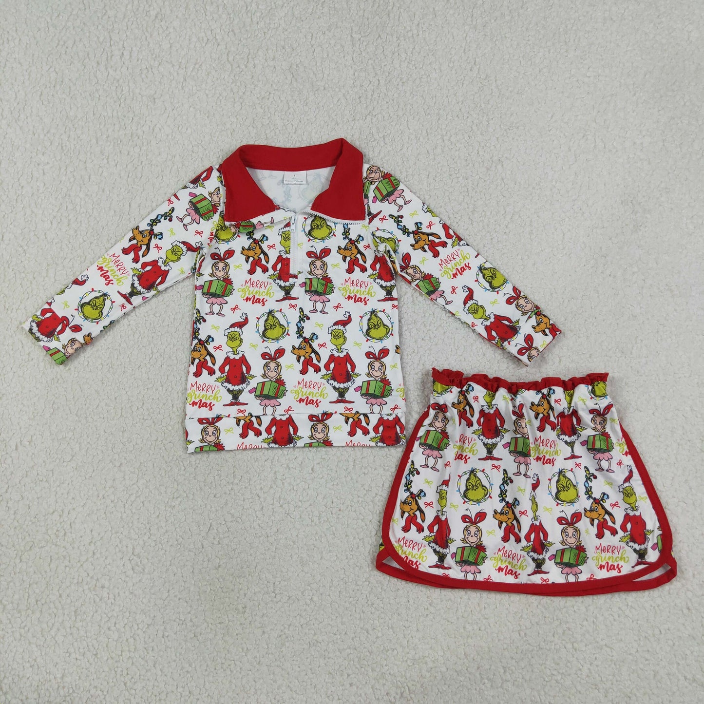 GLD1608 Kids Clothing Baby Girls Green Face Frogs Gifts Zip Top Skirt Short Christmas Clothes Sets