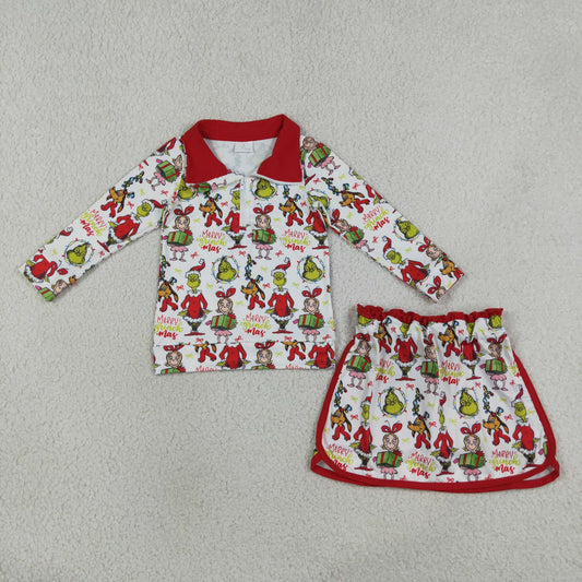 GLD1608 Kids Clothing Baby Girls Green Face Frogs Gifts Zip Top Skirt Short Christmas Clothes Sets
